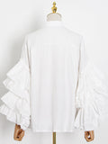 Momentlover Solid Color Ruffled Layered Buttoned Loose Long Sleeves Mock Neck Blouses&Shirts Tops