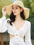 Momentlover Woven Wide Side Solid Color Hollow Sun-Protection Hats&Caps