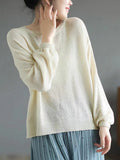 Momentlover Solid Color See-Through Loose Long Sleeves Round-Neck Sweater Tops