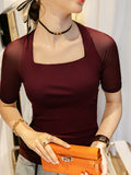 Momentlover Simple Solid Color Square-Neck Half Sleeves Shirt