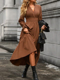 Momentlover Solid Color Pleated Elasticity Loose Long Sleeves V-Neck Midi Dresses