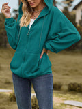 Long Sleeves Loose Drawstring Hooded Pockets Solid Color Zipper V-Neck Outerwear