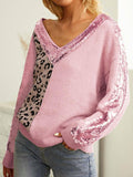 Momentlover Leopard Sequin V-Neck Long Sleeve Sweater
