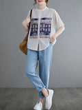 Momentlover Artistic Retro Loose Applique Printed Blouse