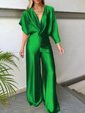 Momentlover Asymmetric Solid Color Deep V-Neck Jumpsuits