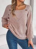 Momentlover Openwork Buttoned Square Neck Sweater
