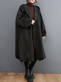 Momentlover Solid Color Pockets Buttoned Loose Long Sleeves Hooded Woolen Coat