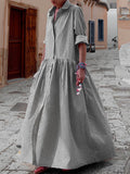 Momentlover Long Sleeves Loose Buttoned Plaid Pleated Split-Joint Lapel Maxi Dresses