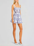 Momentlover Printed Hollow Elasticity Buttoned Sleeveless Loose Spaghetti-Neck Mini Dresses