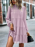 Momentlover Tied Split-Joint Solid Color Pleated Elasticity Long Sleeves High Waisted Mock Neck Mini Dresses