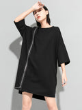 Momentlover Original Black Zipper Batwing Sleeve Round-Neck Mini Dress