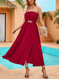 Momentlover Split-Front Pleated Elasticity Chains Sleeveless A-Line Tube Midi Dresses