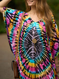 Momentlover Split-Side Printed Short Sleeves Loose V-Neck Maxi Dresses Beach Cover-Up