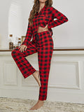 Plaid Split-Joint Lapel Long Sleeves Top + Drawstring Pants Trousers Two Pieces Set