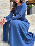 Momentlover Striped Solid Color Skinny Long Sleeves Round-Neck Maxi Dresses