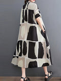 Momentlover Printed Color-Block Short Sleeves Oversize Lapel Shirt Dress Midi Dresses