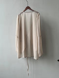 Momentlover Bishop Sleeve Long Sleeves See-Through Split-Joint Tied Collarless Blouses&Shirts Tops