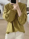 Momentlover Solid Color Pleated Puff Sleeves Loose Round-Neck T-Shirts Tops