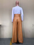 Momentlover Zipper Solid Color Belted Wide Leg High Waisted Trousers Pants