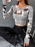 Momentlover Letter Print Skinny Long Sleeves Round-Neck T-Shirts Tops