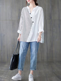 Momentlover Casual Loose Long Sleeves Striped Split-Joint V-Neck T-Shirts Tops