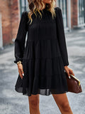 Momentlover Tied Split-Joint Solid Color Pleated Elasticity Long Sleeves High Waisted Mock Neck Mini Dresses