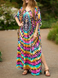 Momentlover Split-Side Printed Short Sleeves Loose V-Neck Maxi Dresses Beach Cover-Up