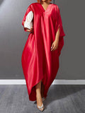 Momentlover Solid Color Short Sleeves Plus Size Deep V-Neck Maxi Dresses