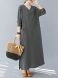 Momentlover Split-Side Solid Color Pockets Loose Long Sleeves V-Neck Maxi Dresses
