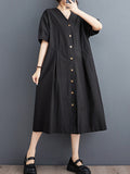 Momentlover Solid Color Pockets Buttoned Short Sleeves Loose V-Neck Midi Dresses
