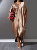 Momentlover Solid Color Short Sleeves Plus Size Deep V-Neck Maxi Dresses