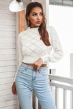 Momentlover Openwork Plaid Round Neck Cropped Sweater