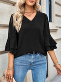 Momentlover Solid Color Ruffle Sleeves Loose V-Neck T-Shirts Tops