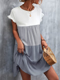 Momentlover Split-Joint Pleated Falbala Contrast Color Ruffle Sleeves Loose Round-Neck Mini Dresses