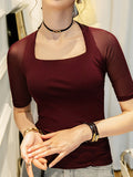 Momentlover Simple Solid Color Square-Neck Half Sleeves Shirt