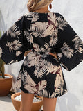 Momentlover Leaves Print Drawstring Buttoned Loose Half Sleeves V-Neck Mini Dresses