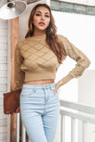 Momentlover Openwork Plaid Round Neck Cropped Sweater