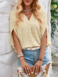 Momentlover Solid Color Jacquard Loose Half Sleeves V-Neck T-Shirts Tops