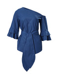 Momentlover Solid Color Knot Asymmetric Flared Sleeves One-shoulder Blouses&shirts Tops