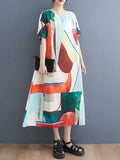Momentlover Casual Short Sleeves Loose Contrast Color Round-Neck Midi Dresses