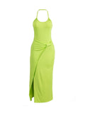 Momentlover Split-Side Split-Joint Solid Color Pleated Backless Sleeveless Skinny Halter-Neck Maxi Dresses