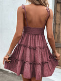 Momentlover A-Line High Waisted Backless Jacquard Solid Color Split-Joint Tied U-Neck Mini Dresses Slip Dress