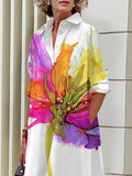 Momentlover Long Sleeves Loose Floral Printed Split-Joint Lapel Midi Dresses Shirt Dress