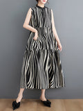 Momentlover Striped Sleeveless Loose Stand Collar Midi Dresses