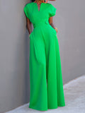 momentlover Urban Cap Sleeve Solid Color Wide Leg Jumpsuits