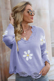 Momentlover Flower Distressed Ribbed Trim Sweater