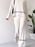 Momentlover Round-Neck High-Low Contrast Color Split-Side Sweater Top + High Waisted Pants Bottom Two Pieces Set