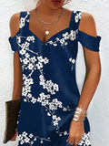 Momentlover Hollow Flower Print Short Sleeves Plus Size V-Neck Mini Dresses