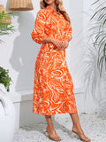 Momentlover Tied Waist Printed Elasticity Nine-Minute Sleeve High Waisted V-Neck Shirt Dress Midi Dresses