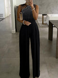 Momentlover Rhinestone Hollow Wide Leg Sleeveless Jumpsuits